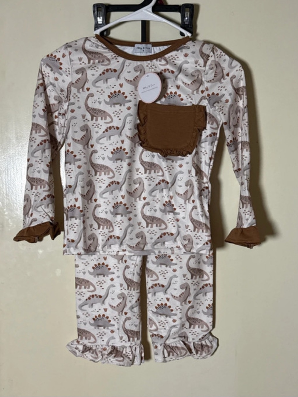 Cozy Brown Dinosaur Ruffle Pocket Pajama Set - Kids